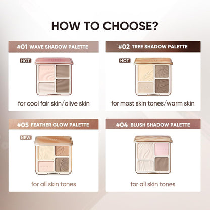 JUDYDOLL Highlight & Contour Palette, All-in-One Matte Highlighter Contour Compact,Blendable Face Makeup for Beginners, for Warm Skin Tone (New Version 02 Tree Shadow Palette)